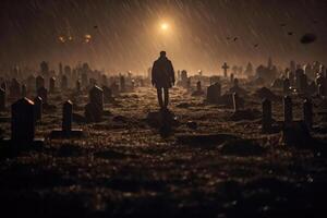 un cerca - arriba fotografía representando un escalofriante Víspera de Todos los Santos escena en un oscuro, de luna cementerio. generativo ai foto