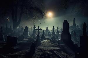 un cerca - arriba fotografía representando un escalofriante Víspera de Todos los Santos escena en un oscuro, de luna cementerio. generativo ai foto