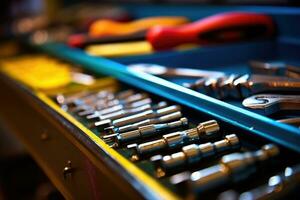 Close - up view of a toolbox at a mechanic's shop, focusing on the tools inside. Generative AI photo