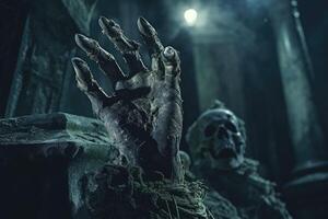 A close - up photography showcasing a zombie hand rising from a graveyard on a spooky Halloween night. photo