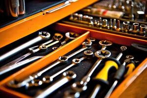 Close - up view of a toolbox at a mechanic's shop, focusing on the tools inside. photo