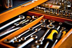 Close - up view of a toolbox at a mechanic's shop, focusing on the tools inside. Generative AI photo