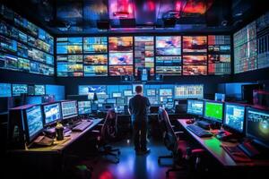 A fire control room, with engineers monitoring fire prevention systems and alarms. Generative AI photo