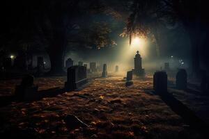 un cerca - arriba fotografía representando un escalofriante Víspera de Todos los Santos escena en un oscuro, de luna cementerio. generativo ai foto