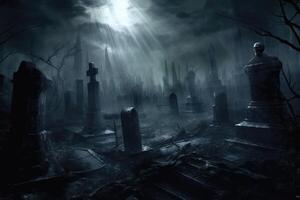 A close - up photograph depicting a spooky Halloween scene in a dark, moonlit graveyard. photo