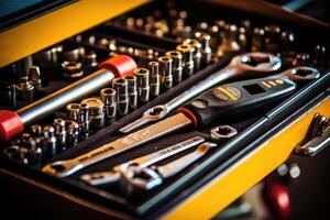 Close - up view of a toolbox at a mechanic's shop, focusing on the tools inside. Generative AI photo