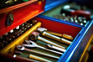 Close - up view of a toolbox at a mechanic's shop, focusing on the tools inside. Generative AI photo