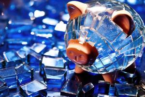 A close - up photo symbolizing the global financial crisis. The image focuses on a shattered bank piggy bank lying on a pile of crumbling banknotes and broken coins. Generative AI