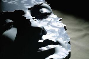 A silhouette of a head, half filled with crumpled waste paper, the other half spilling onto the reflective surface below. A photograph depicting the feeling of anxiety. photo
