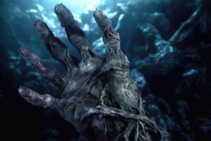 A close - up photography showcasing a zombie hand rising from a graveyard on a spooky Halloween night. photo