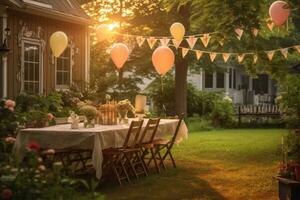 Atmospheric shot of a garden birthday party at sunset. Generative AI photo