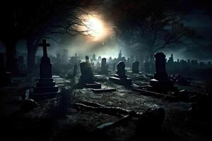 A close - up photograph depicting a spooky Halloween scene in a dark, moonlit graveyard. photo