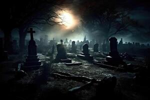 A close - up photograph depicting a spooky Halloween scene in a dark, moonlit graveyard. Generative AI photo