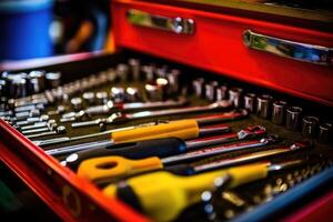 Close - up view of a toolbox at a mechanic's shop, focusing on the tools inside. Generative AI photo