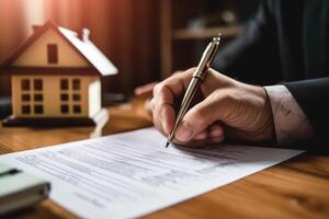 A close - up photo with a real estate theme. The image centers on a pair of hands signing a property contract on a wooden table. Generative AI