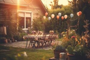 atmosférico Disparo de un jardín cumpleaños fiesta a puesta de sol. generativo ai foto