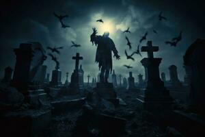 A close - up photograph depicting a spooky Halloween scene in a dark, moonlit graveyard. Generative AI photo