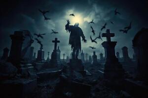 A close - up photograph depicting a spooky Halloween scene in a dark, moonlit graveyard. photo