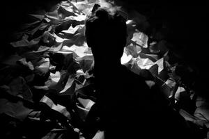 A silhouette of a head, half filled with crumpled waste paper, the other half spilling onto the reflective surface below. A photograph depicting the feeling of anxiety. photo