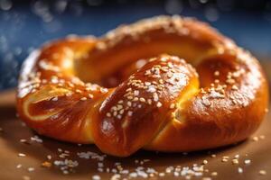 A close - up photo of a traditional Oktoberfest pretzel, freshly baked and golden brown. Generative AI