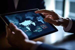 A close - up photo that visually represents a businessman using a tablet to analyze sales data and economic growth graph chart.