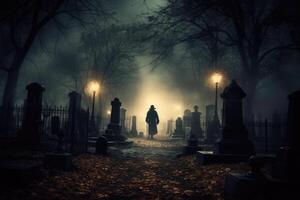 A close - up photograph depicting a spooky Halloween scene in a dark, moonlit graveyard. photo