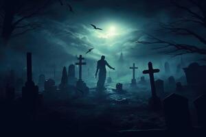 A close - up photograph depicting a spooky Halloween scene in a dark, moonlit graveyard. photo