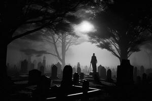 un cerca - arriba fotografía representando un escalofriante Víspera de Todos los Santos escena en un oscuro, de luna cementerio. generativo ai foto