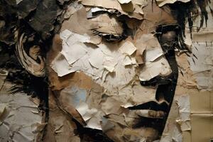 A silhouette of a head, half filled with crumpled waste paper, the other half spilling onto the reflective surface below. A photograph depicting the feeling of anxiety. Generative AI photo