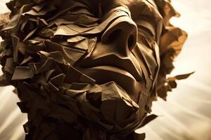 A silhouette of a head, half filled with crumpled waste paper, the other half spilling onto the reflective surface below. A photograph depicting the feeling of anxiety. Generative AI photo