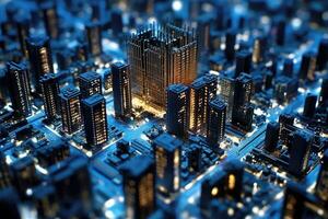 A miniature cityscape, composed entirely of circuit boards and electronic components. Generative AI photo