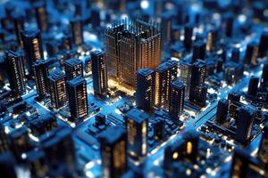 A miniature cityscape, composed entirely of circuit boards and electronic components. photo