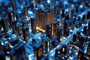 A miniature cityscape, composed entirely of circuit boards and electronic components. Generative AI photo