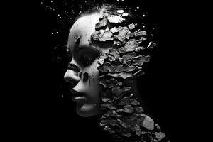 A silhouette of a head, half filled with crumpled waste paper, the other half spilling onto the reflective surface below. A photograph depicting the feeling of anxiety. Generative AI photo