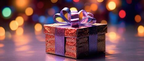 A close - up shot of a festive gift box against bokeh background. Generative AI photo