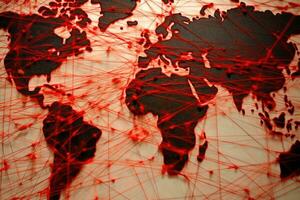 un cerca - arriba foto simbolizando el global financiero crisis. el imagen se enfoca en un mundo mapa con rojo líneas calificación el países afectado por financiero crisis. generativo ai
