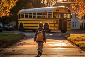 Little boy running in front of the school bus. Generative AI photo