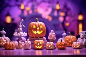 A close - up photograph of a Halloween celebration with a pastel purple studio backdrop. Halloween pumpkins. Generative AI photo