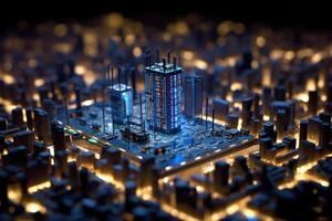 A miniature cityscape, composed entirely of circuit boards and electronic components. Generative AI photo