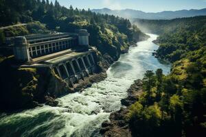 un hidroeléctrico represa anidado en un lozano valle, exhibiendo el poderoso interacción Entre naturaleza y artificial estructuras para renovable energía. generativo ai foto