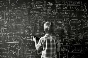 Photo of a child drawing a chalkboard full of complex mathematical formulas, pretending to be a teacher. Generative AI