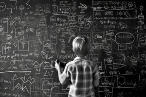 Photo of a child drawing a chalkboard full of complex mathematical formulas, pretending to be a teacher.