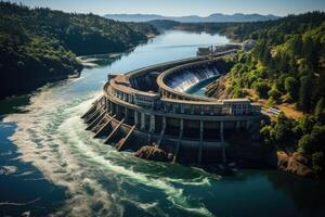 A hydroelectric dam nestled in a lush valley, showcasing the powerful interplay between nature and man-made structures for renewable energy. Generative AI photo