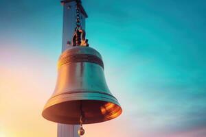 A striking image of a school bell ringing in the dawn of a new school year. Generative AI photo