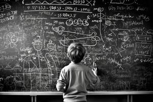 Photo of a child drawing a chalkboard full of complex mathematical formulas, pretending to be a teacher.