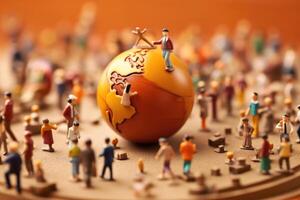 A crowd shot of tiny figurines of students and teachers bustling around a globe, representing a global classroom.  Generative AI photo