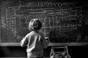 Photo of a child drawing a chalkboard full of complex mathematical formulas, pretending to be a teacher.
