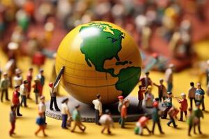 A crowd shot of tiny figurines of students and teachers bustling around a globe, representing a global classroom. photo