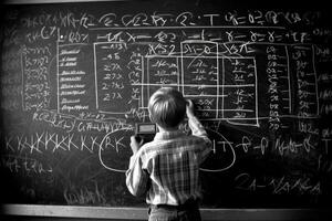 Photo of a child drawing a chalkboard full of complex mathematical formulas, pretending to be a teacher.