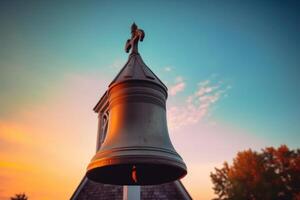 A striking image of a school bell ringing in the dawn of a new school year. Generative AI photo